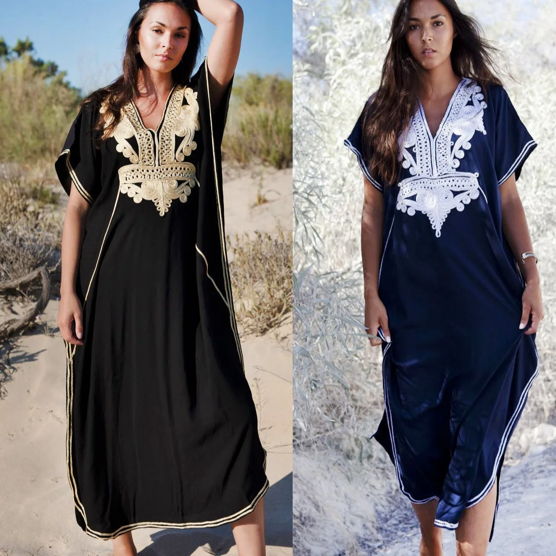 Falda playera holgada de talla grande, vestido largo con bordado blanco, nuevo estilo, pareo de algodón azul oscuro para bikini, ideal para vacaciones y natación.