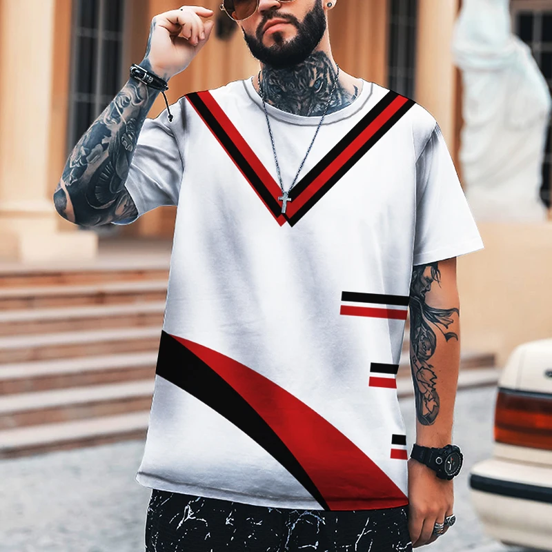 2023 Men's Shirt Unique Geometric Dual Color Design Fashion New Print 3D Fashion Round Neck Sport T-shirt