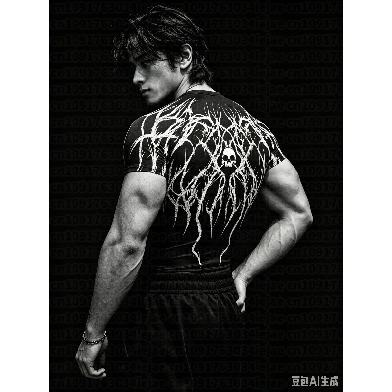 Men'S Kid Print Tight-Fitting Quick-Drying Short-Sleeved T-Shirt, Sports Fitness High-Elastic Breathable Base Shirt