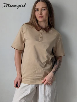 Streamgirl Summer Women's T-shirts And Polo Shirts Woman Cotton Black Loose Short Sleeve Brown Polo T Shirts For Women Oversized 6