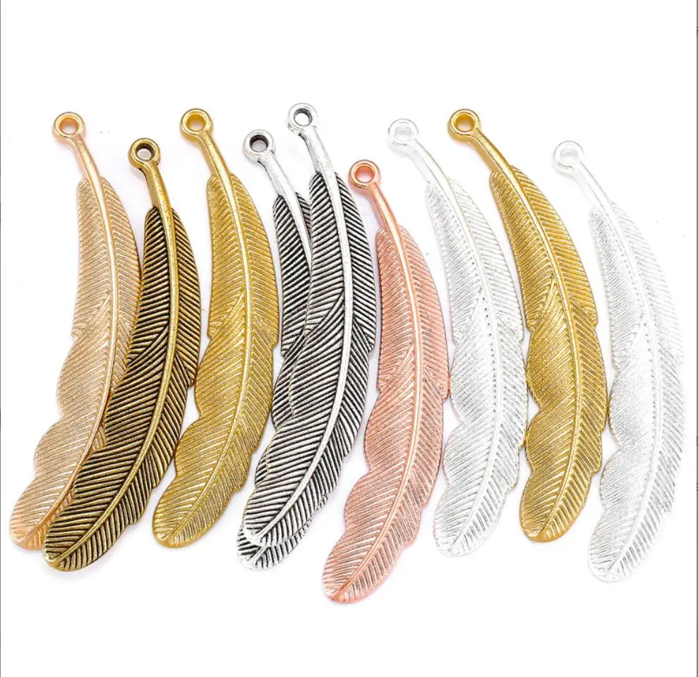 100pcs Charms Double Sided Feather 55*13mm Antique Bronze Silver Color Pendants Making DIY Handmade Tibetan Bronze Jewelry F0365