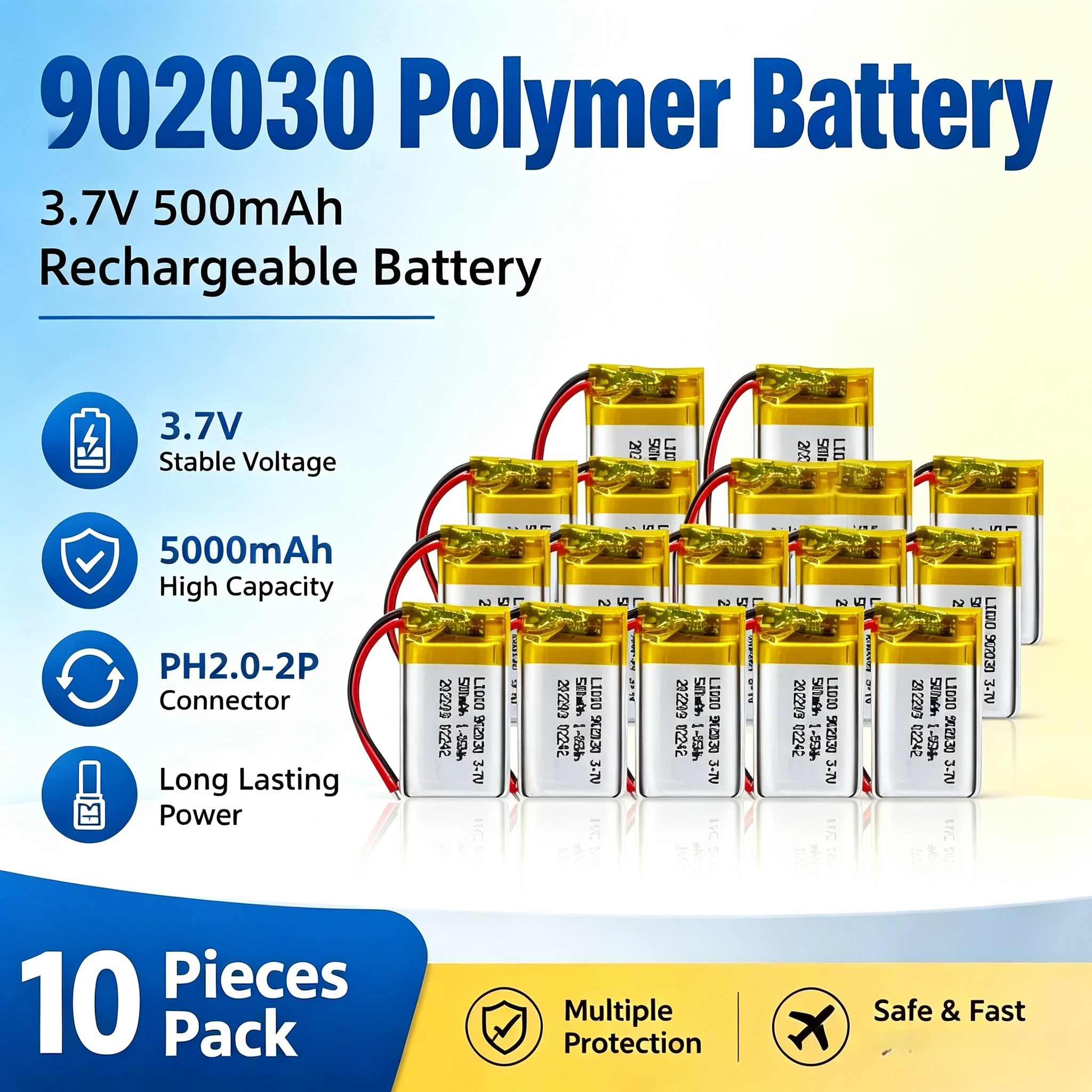 902030 Polymer Battery 500mAh 3.7V Lipo Lithium Batteries for Solar Light DVD Tracker Anti-theft Device GPS Massager