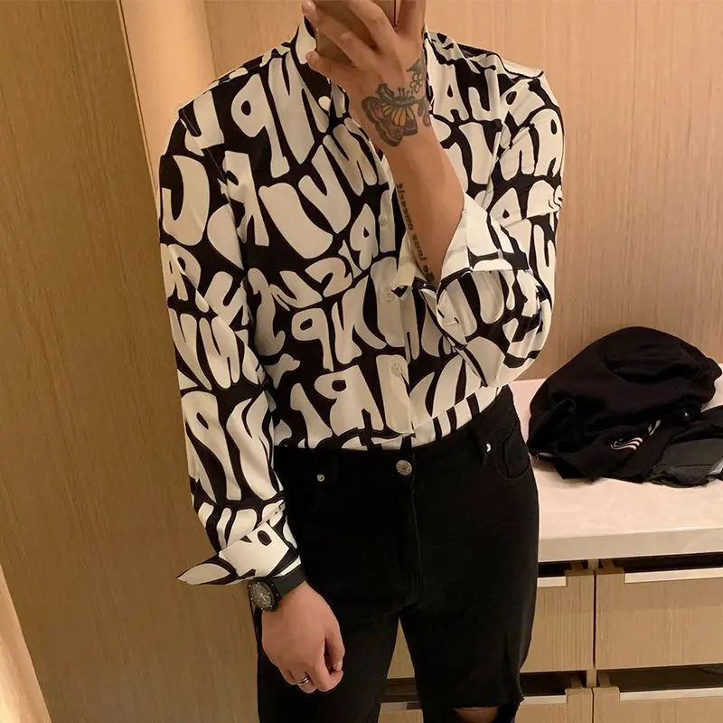 

High-end Trend Streetwear Fun Letters English Printing Slim Handsome Comfortable Mash Up Men's Long Sleeved Shirt Autumn 2024