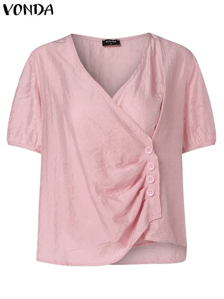 VONDA informal-Blusa de manga corta abombada para mujer, camisa elegante de Color liso con cuello en V, Túnica de gran tamaño, 2024