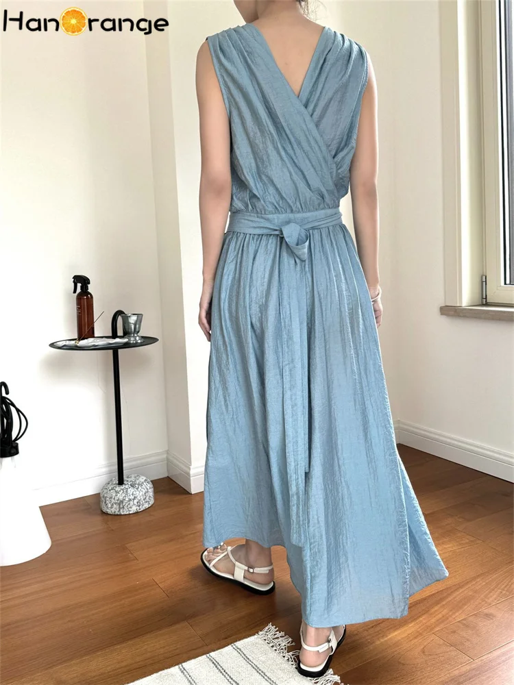 HanOrange 2024 Summer Romantic Waist Fold V-neck Sleeveless Dress Lightweight Cotton Linen Dress Blue/Beige