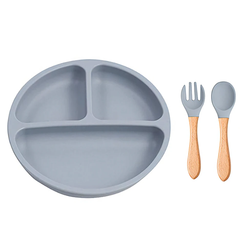 

Силиконовые детские тарелки с набором деревянных ложек и вилок, блюдо для кормления малышей на присоске для детей от 6 до 18 месяцев, не содержащая BPA, удобная ручка