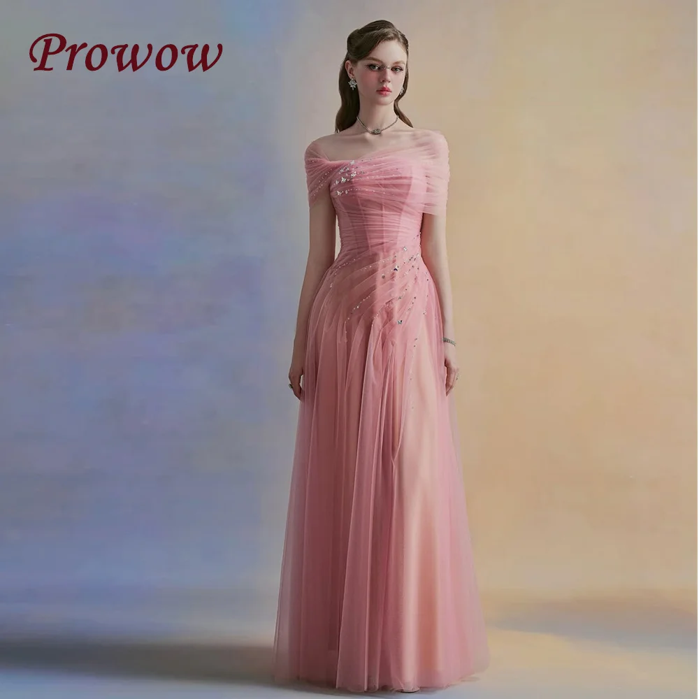 

Prowow Fairy Pink Beading Prom Dresses Pleats Tulle A Line Wedding Party Gowns Floor Length Off the Shoulder Customized