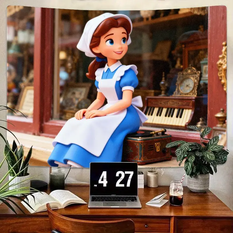 

1 шт., гобелен Belle Blue Dress, настенное искусство, декор сказочной принцессы, эстетика винтажного магазина, фон комнаты, подарок для гостиной, спальни.