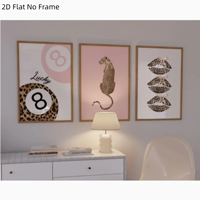 3pcs/set Pink Leopard Canvas Painting, Frameless Lucky 8 Ball Wall Art Poster Aesthetic Lips Prints for Modern Living Room Decor