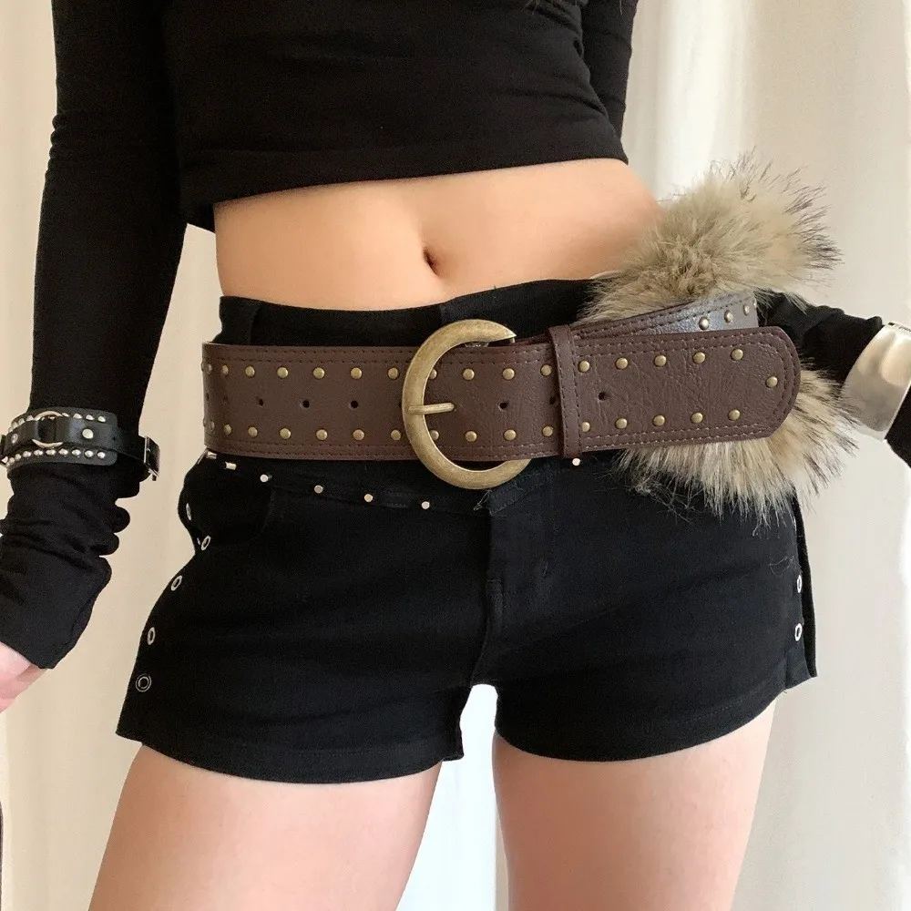 Sabuk Retro Punk Berkualitas Tinggi Warna Cokelat Bulu Imitasi Berpaku Sabuk Lebar Model Rompi Aksesoris Pinggang Wanita