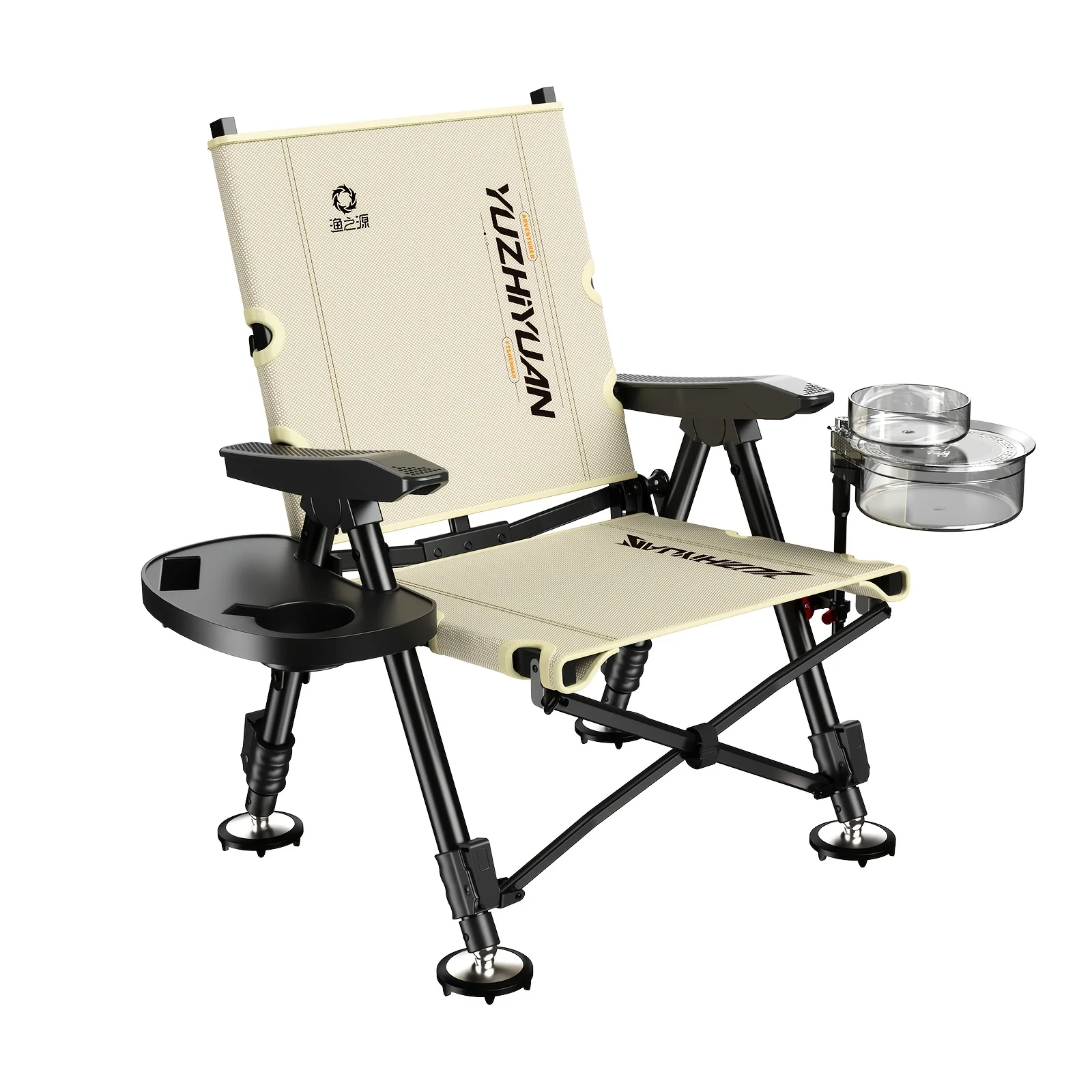New Foldable Fishing Chair with Tray Set, Telescopic Adjustable Legs for Multi-Terrain, Bait & Tool Tray Included
