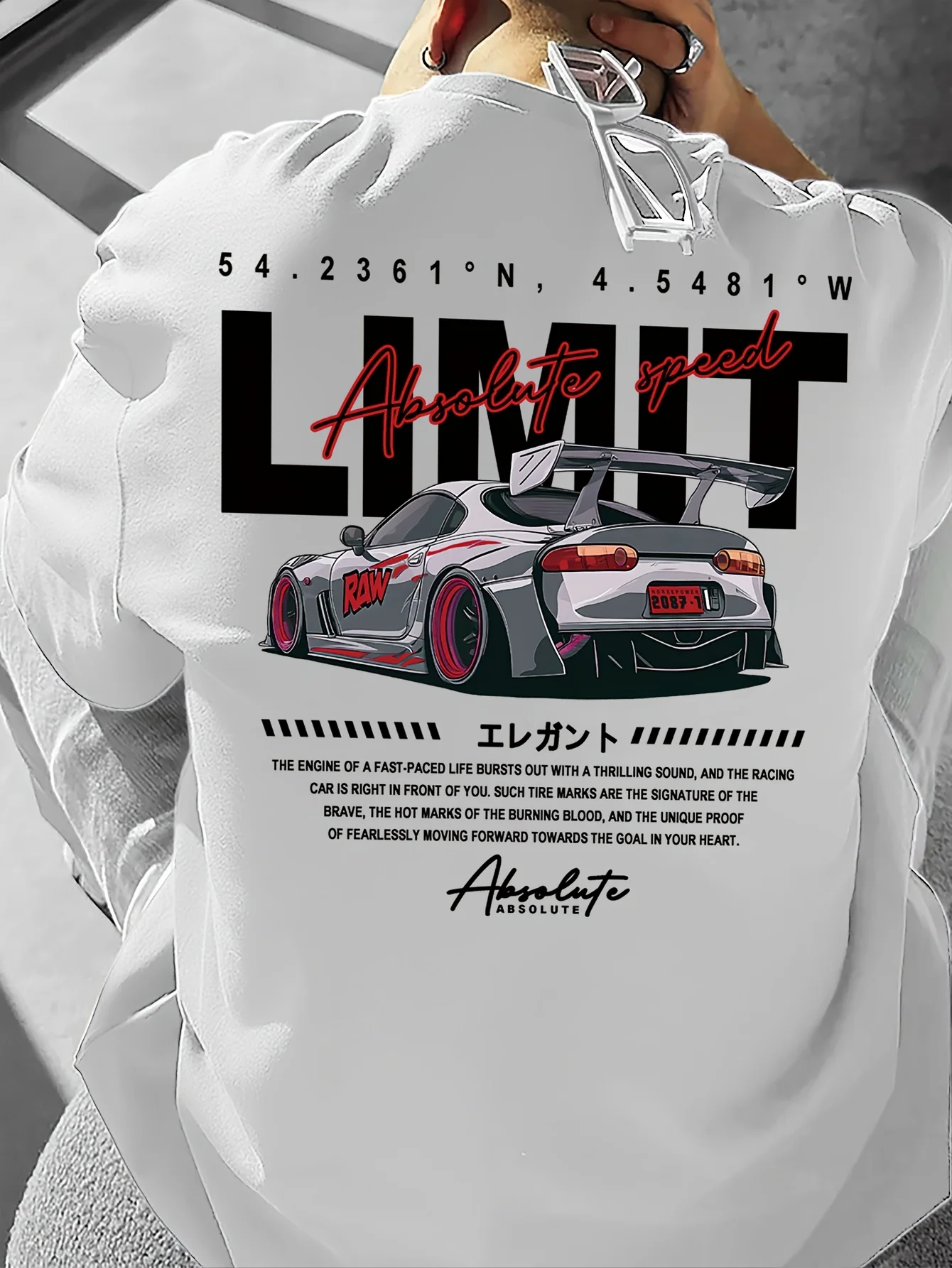 Herren Neues Sommer-Rennfahrer-T-Shirt im japanischen Stil aus leichtem, atmungsaktivem Stoff mit auffälligem Aufdruck „LIMIT“ – Lockere Passform
