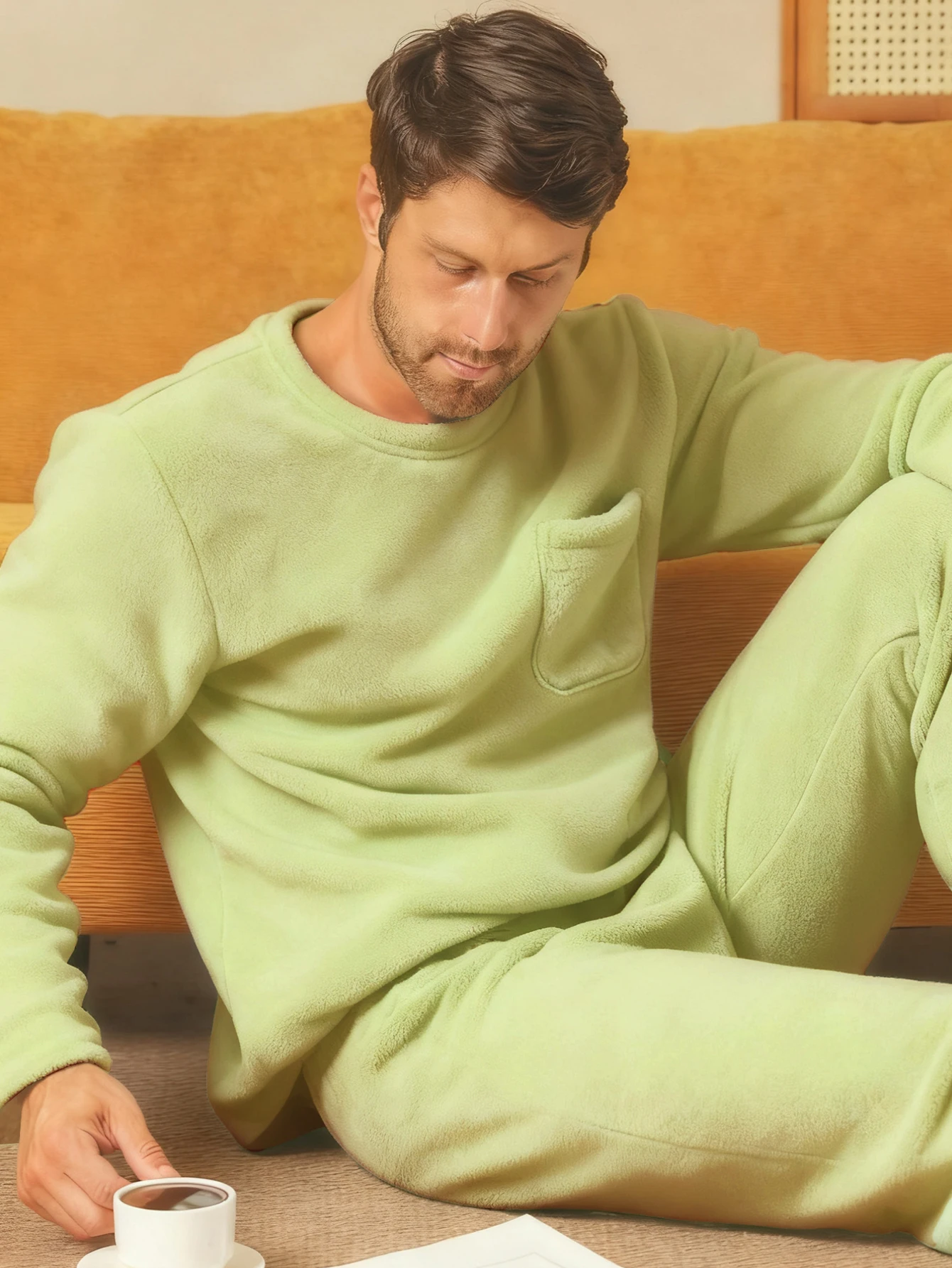 Men's Sleepwear Autumn/Winter Two Piece Set Coral Fleece Flannel Long Sleeve Long Pants Home Clothes with Thickened Velvet Set