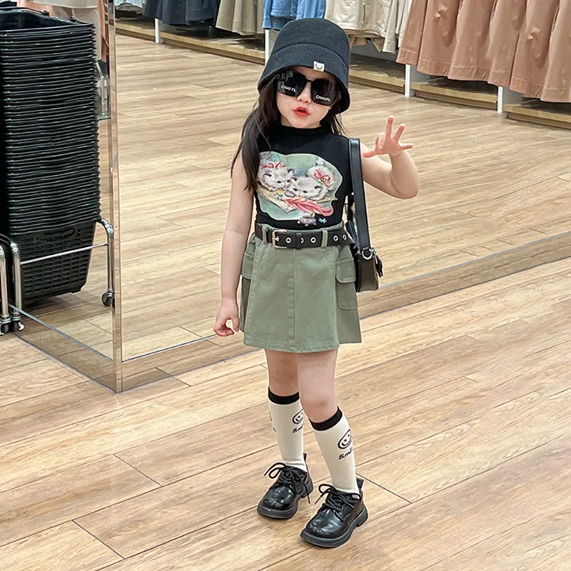 

Girls Top 2024 Summer New Childrens Fashion Fan Cartoon Printed Sleeveless Top Girl Temperament Casual Simple All-matching