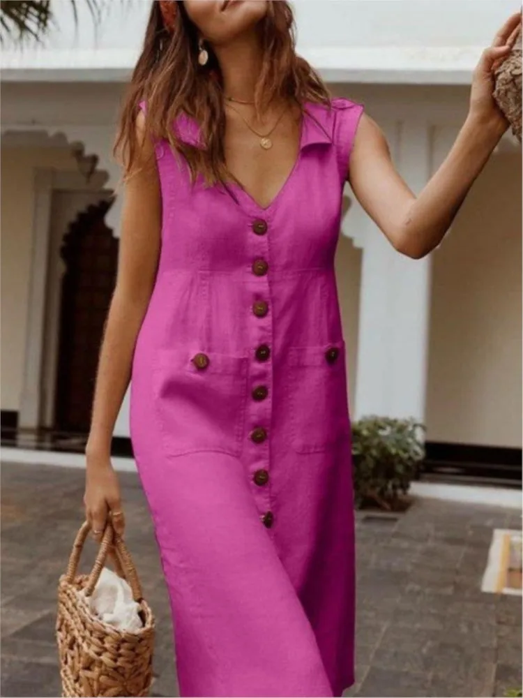 Summer Fashion V-Neck Button Dress Women Sleeveless Office Party Casual Dresses Female Solid New Vestidos