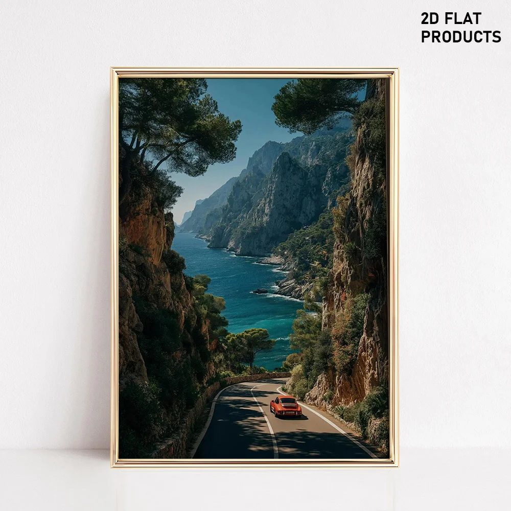 2D Flat, 2D Flat, 1pc, Multi-Size Frameless Canvas Painting, Vintage Red Car Driving Along The Coast Poster: a Creatively Int