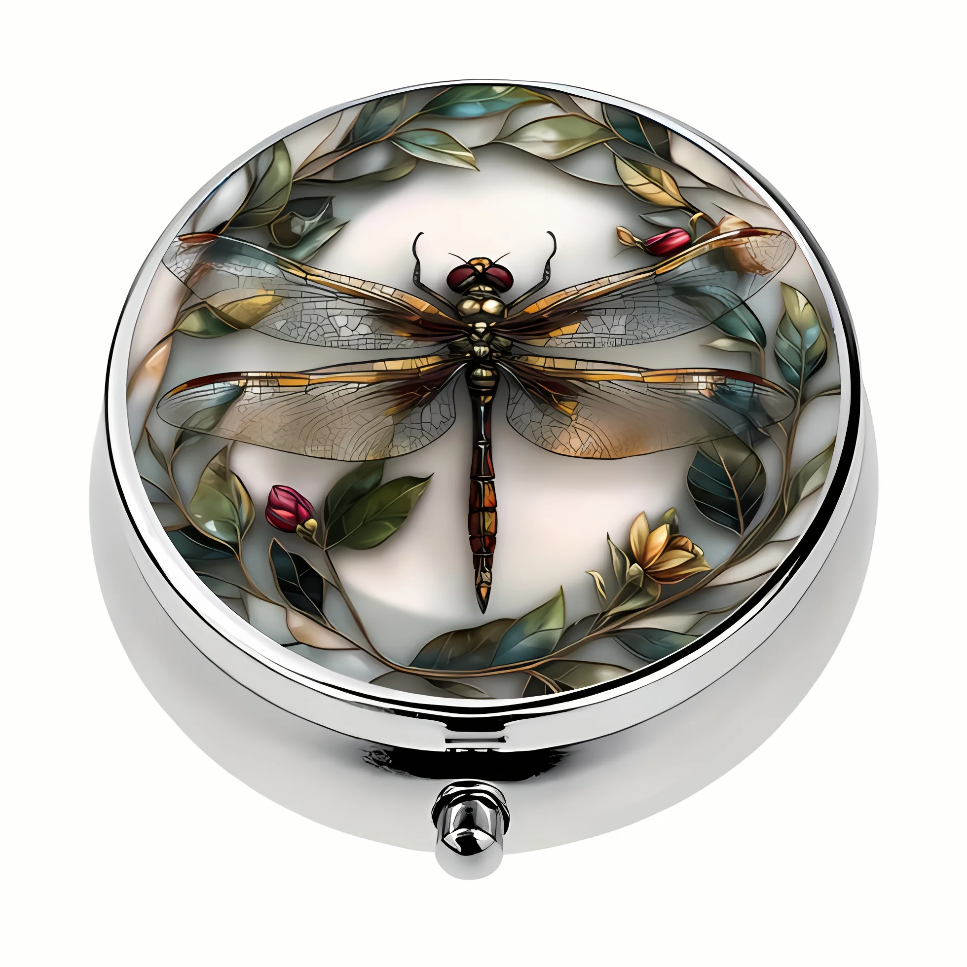 1 piece of metal round pill box, with a creative dragonfly pattern design, portable pill storage box with a flip-top lid, suitable for travel and daily use, unique gift, essential travel storage box, decorative metal box, durable metal box