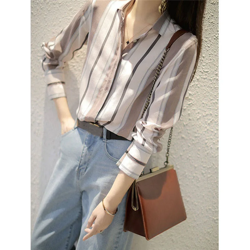 2022 Spring Autumn Women\'s Korean Fashion Striped Print Button Up Shirt Casual Long Sleeve Loose Office Ladies Basic Blouse Tops