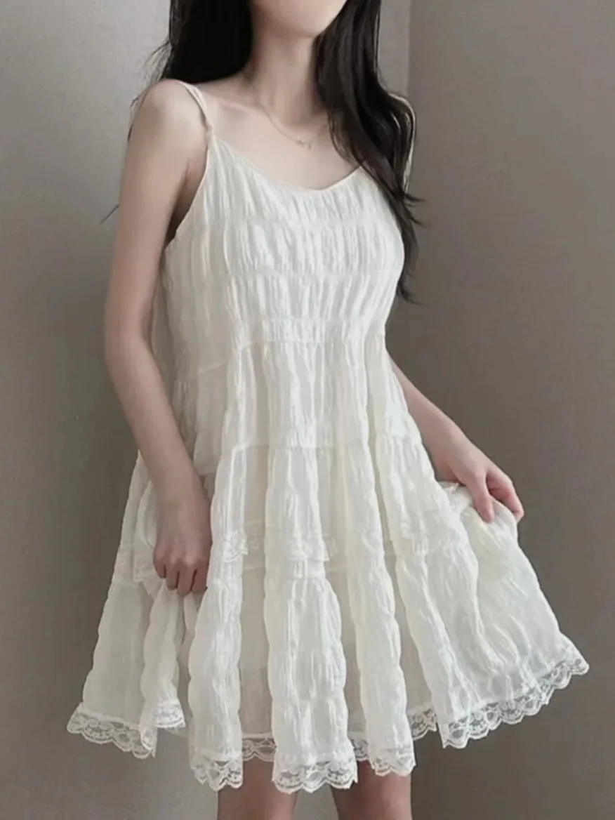 Chic Summer Sweet Fairylike Pleated Lace Strap Dr + Denim ort Sve ort Jaet Two Piece Set Women's Faion Ensemble