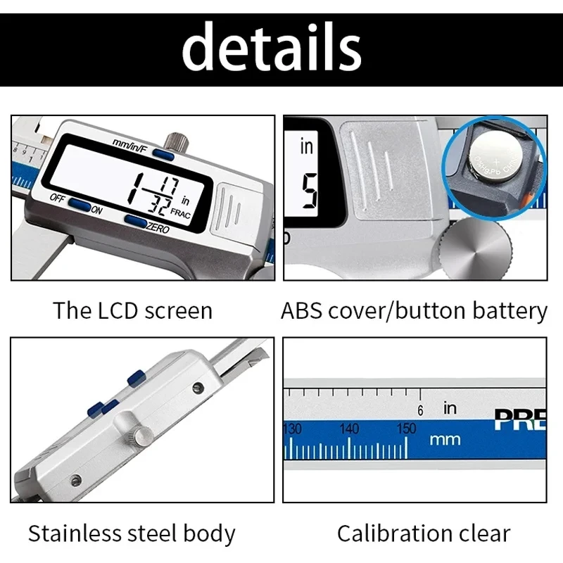 ET52 150mm 0.01mm Electronic Digital Caliper Stainless Steel Vernier Caliper Inch mm Fraction Display Micrometer Digital Ruler