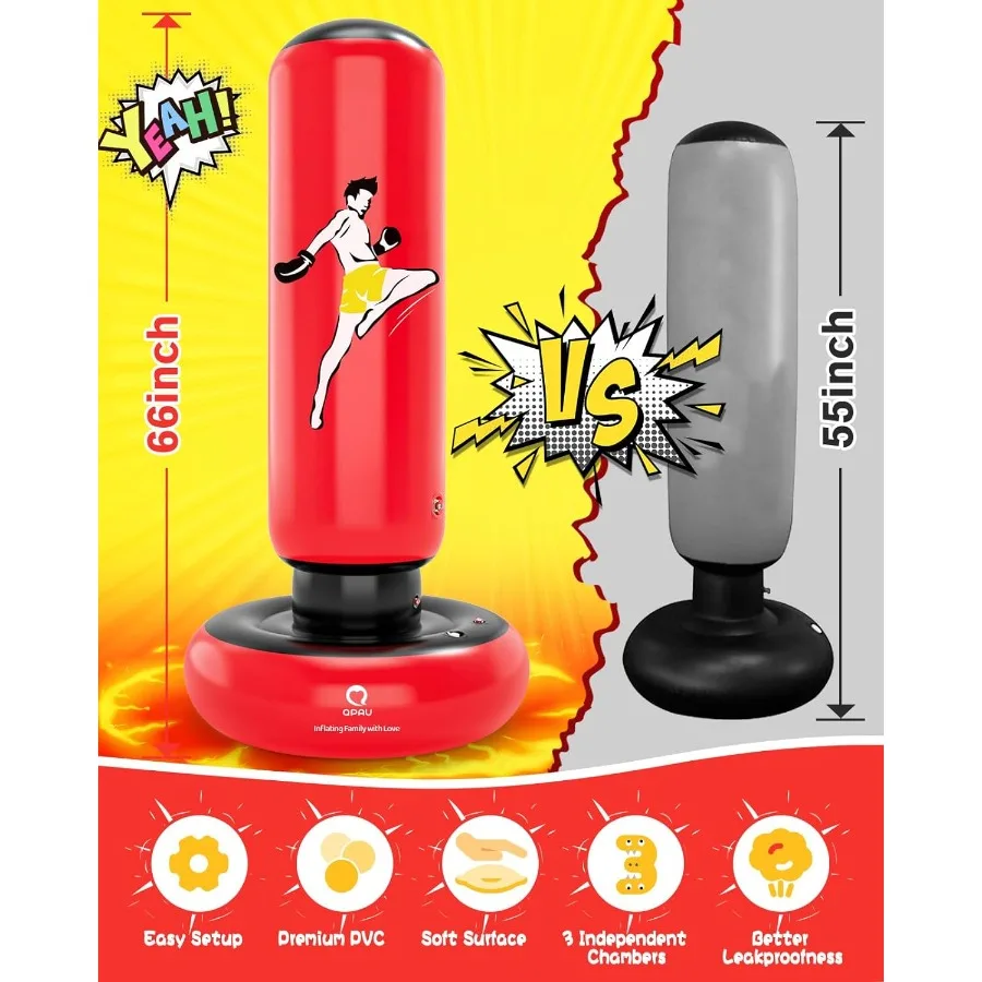 66 inch grotere stabiele opblaasbare bokszakspeelgoed met bokshandschoenen voor leeftijd 6-12 Ideaal voor het oefenen van Karate Taekwondo en MMA