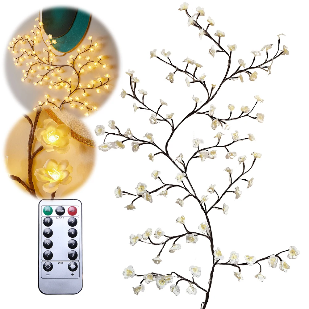 48/72/96/144LED Willow Vine Light 8 Modes Lighted Tree Branch Lights Blossom Plum Night Light Remote Control Wall Decoration