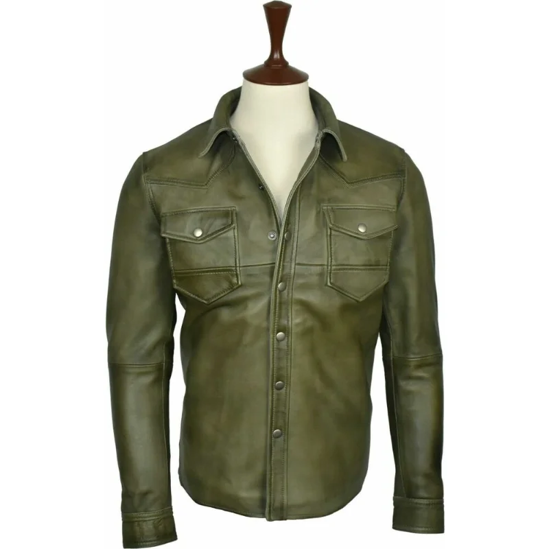 

Mens Shirt Jacket Olive Real Soft Genuine Lambskin Washed Waxed Leather Shirt