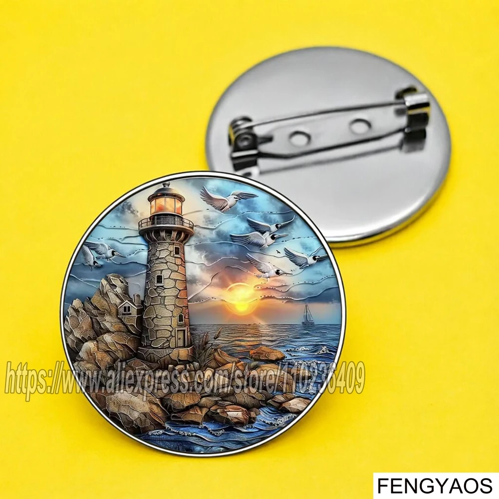 Stainless Steel Coastal Lighthouse Scenery Brooch Pin Sea Sunset Landscape Metal Badge Lapel Pin Backpack Decor Gift