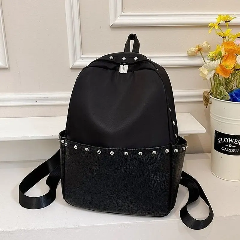 new Trendy Korean Style Black Backpack for Women, Studded Minimalist Rucksack, Casual Nylon Schoolbag for Girls College Work