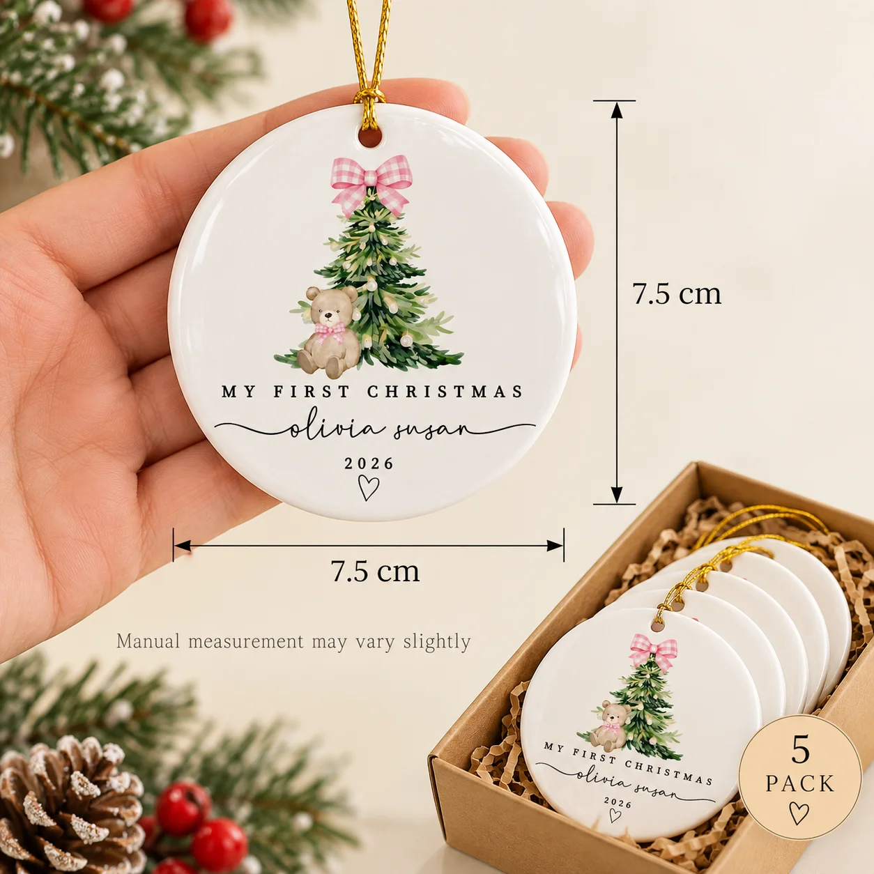 5Pcs Christmas Keepsake Round Ornaments 2026 Family Milestone Stocking Design Tree Decor Home Party Christmas Gift Set For Kids