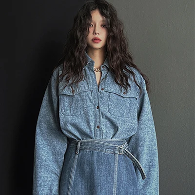 Korean Style Chic Lazy Shirt Wrap Slit Uneven Jeans Half Skirt Two Piece Set Women's Fashion Set Long Sleeve Four Seasons