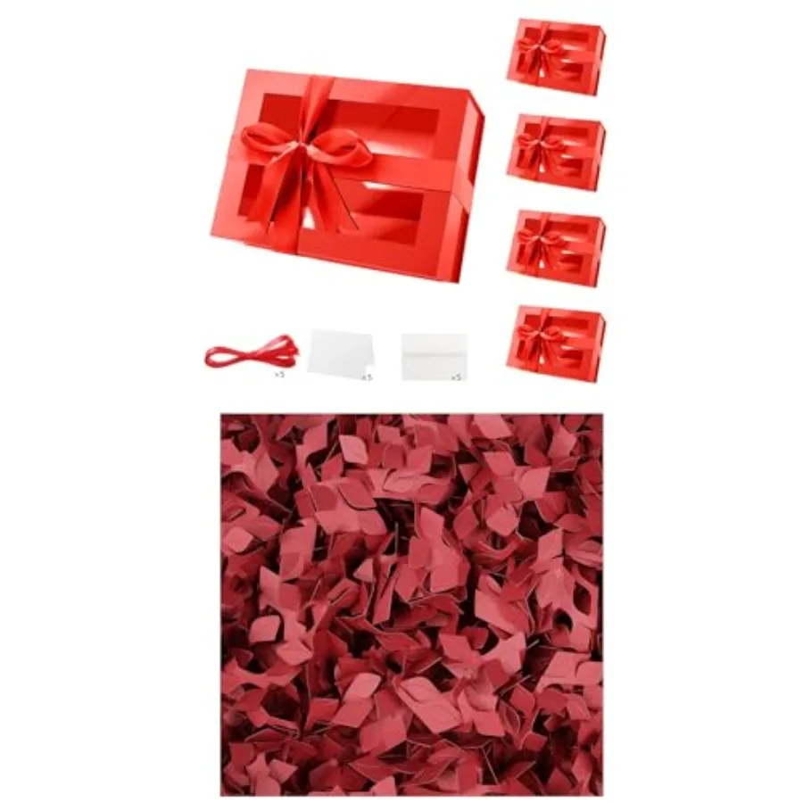 

5 Red Boxes with Windows, 9x6.5x3.8 Inches, Clear Gift Boxes for Presents Contain Ribbons, 1LB Crinkle Cut Paper Shred Filler