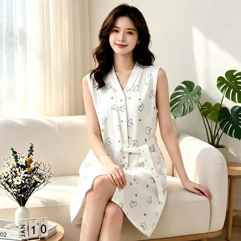 New Summer Robe and Bathrobe for Women – Lightweight, 100% Cotton Gauze Full-Body Bath Robe, Sleeveless Sleepwear and Robe