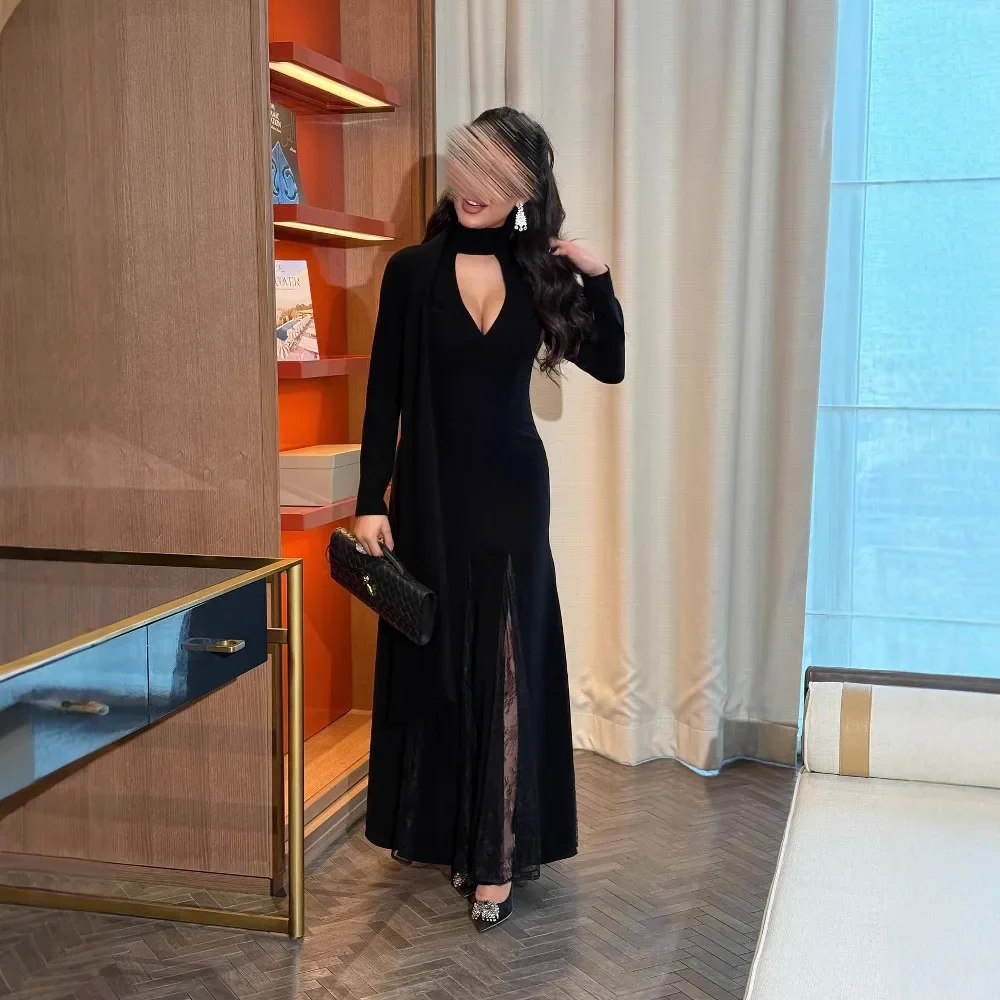 2025 primavera/verão novo vestido feminino em torno do pescoço emenda renda manga longa estilo emagrecimento