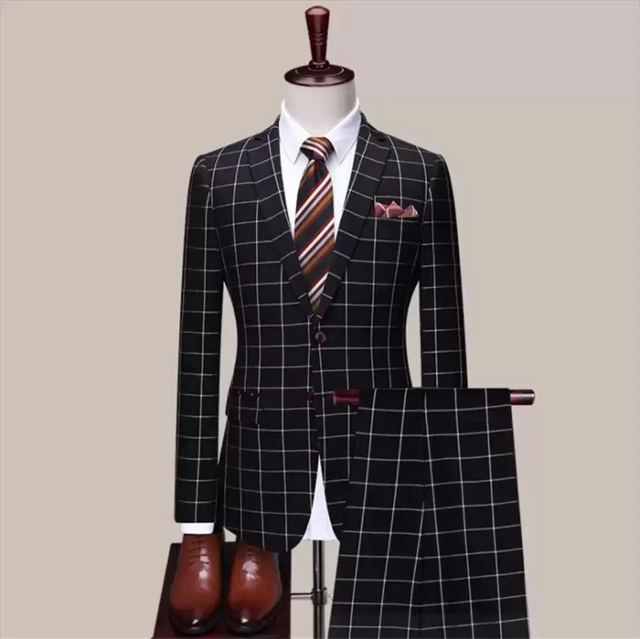 Black Plaid 2 Pieces Men Suit Blazer Jacket Pants Single Breasted New Arrival Business Work Formal Causal Daily Prom Tailored