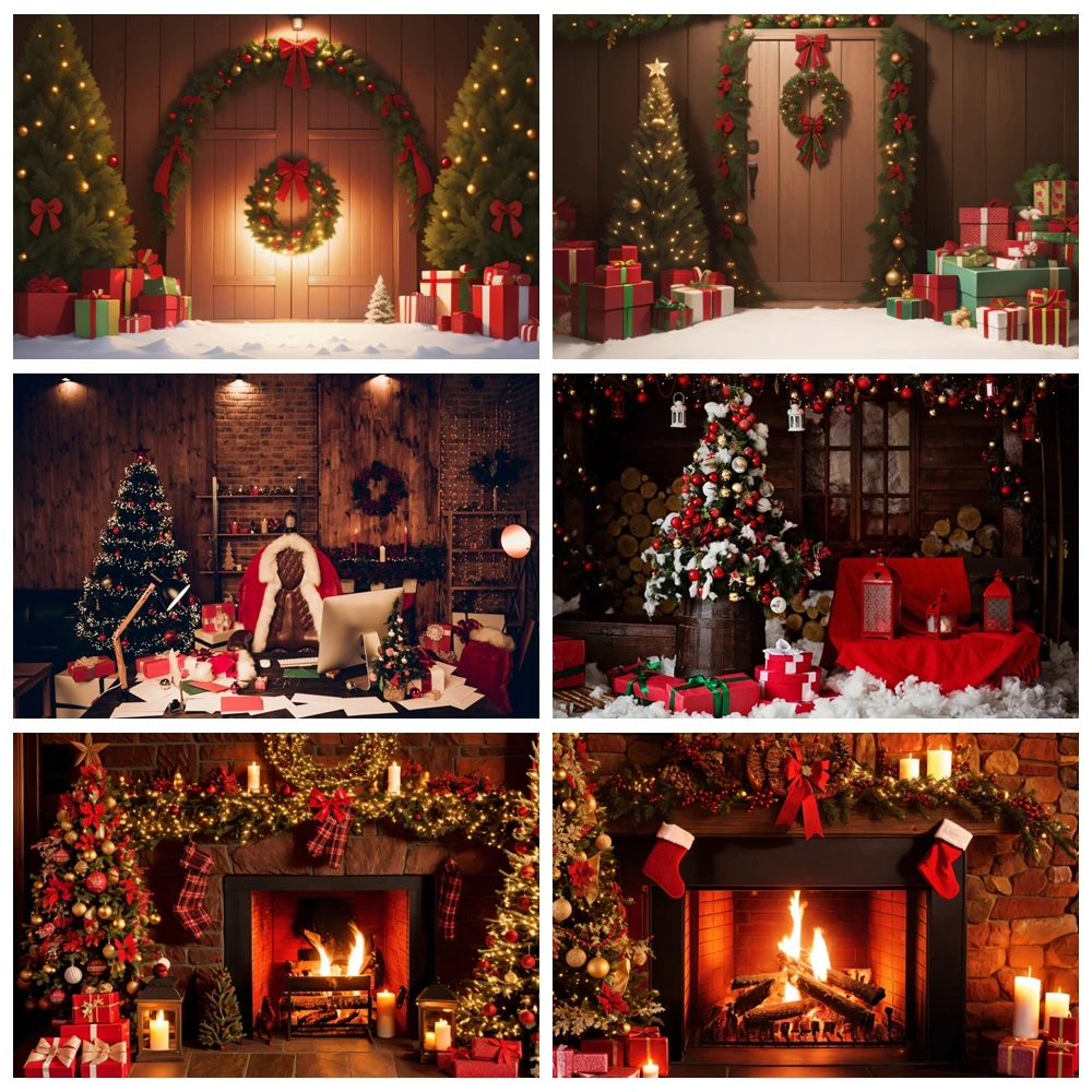 

Christmas Backdrop Winter Xmas Tree Indoor Fireplace Baby Family Holiday Party Photography Background Decor Photo Studio Props