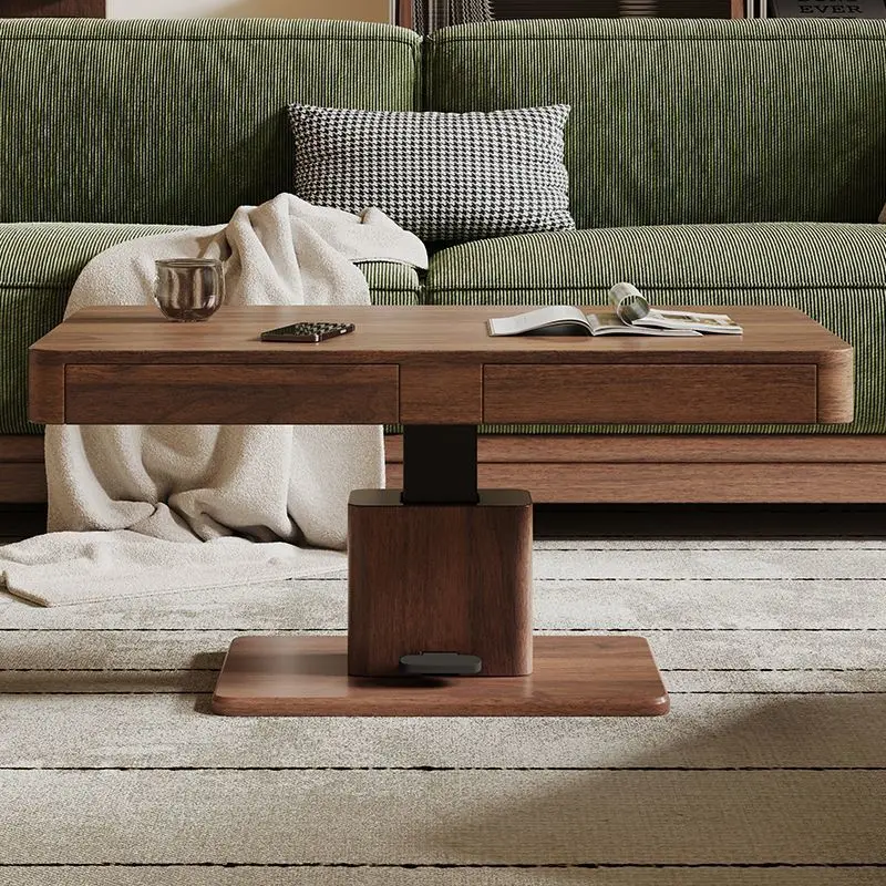 Solid wood lifting coffee table, dining table, dual-purpose living room, home small apartment, walnut color multi-functional cof