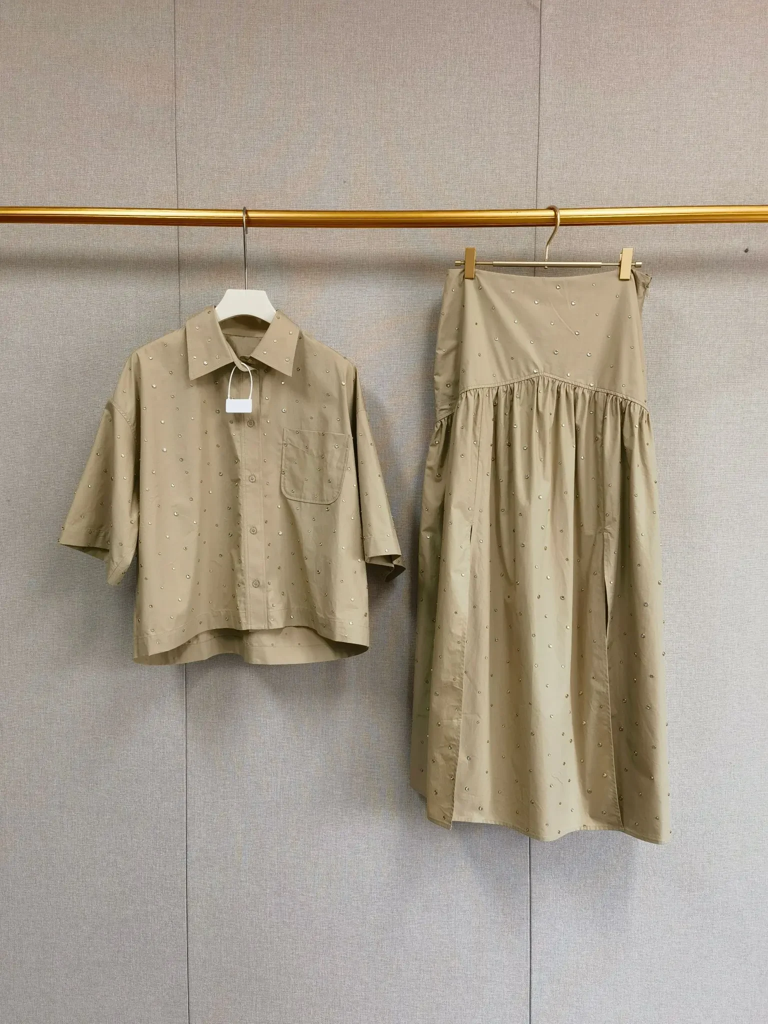 Summer 2026 Lady Rivet Decoration Solid Color Casual Shirt +Skirt Single Breasted Pocket Blouse +Pleated Zipper Jupe