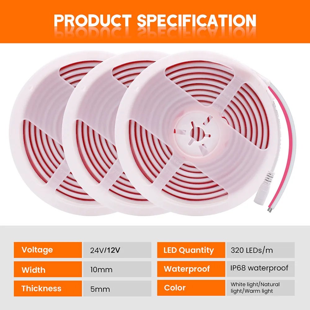 Impermeável COB LED Strip Light, fita flexível, alta densidade, brilhante iluminação do forro, IP68, 12V, 24V, 5m, 10m, 15m, 20m, 0,5 m, 320LED/m,