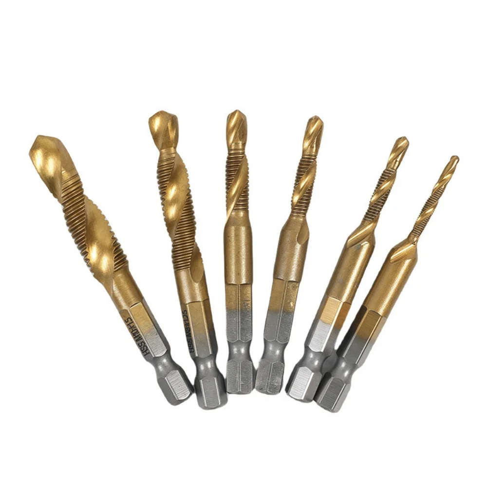 6Pcs HSS 4341 Titanium Coated Combination Tap Drill Set – Integrated Drill & Tap Machine Threading Tool with Chamfering Function