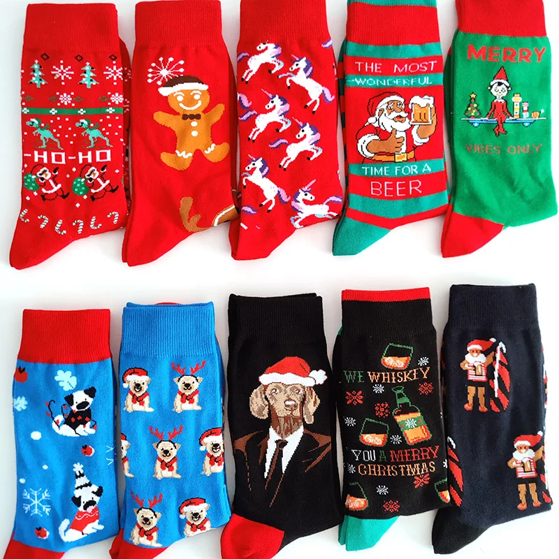 

2025 New Men Christmas Socks New Year Funny Snowflake Beer Santa Claus Elk Snow Cotton Happy Socks Men Cartoon Women Sokken