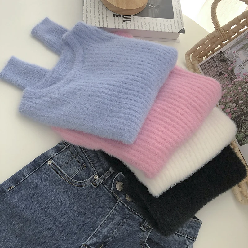 

Sweet Versatile ort Knitted Sweater Women's Autumn Faion Korean Sle round Ne Long Sve Mink Fur Color Crew Ne