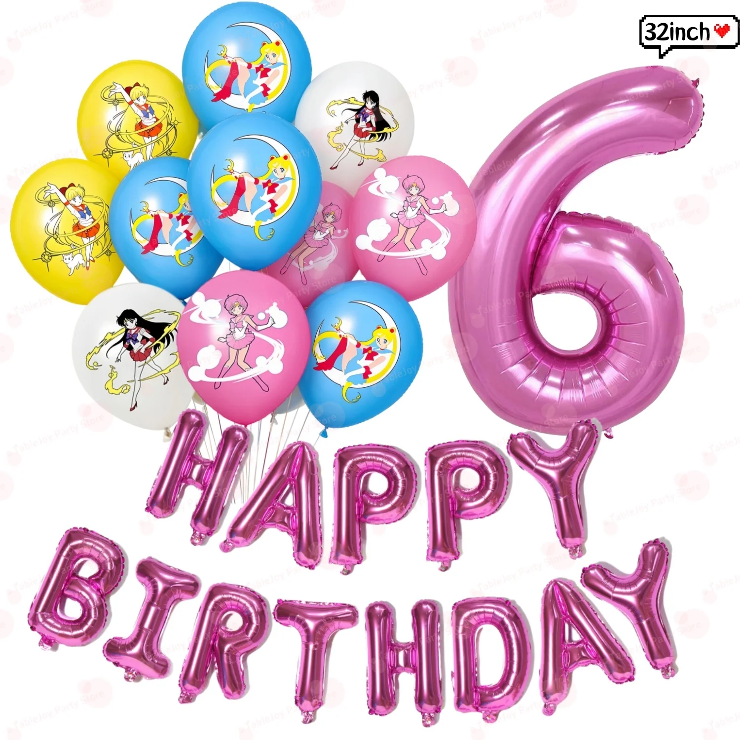 40Pcs Sailor Moon Birthday Party Decorations Anime Theme Party Supplies Banner Cake Topper Balloons for Girls Kids