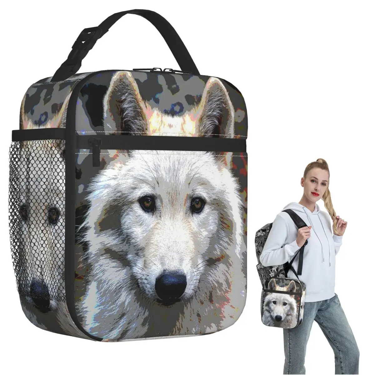 White Wolf Oil Painting Print Insulated Lunch Bag for Women Children Portable Food Boxes Thermal Lunch Box Tote