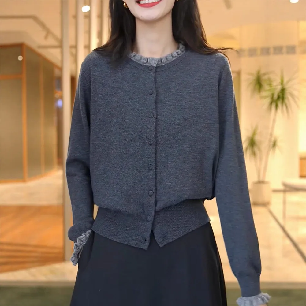 

Grey Fungus Lace Long-sleeved Knitted Cardigan Women Spring Autumn Sweater Jacket 2025new Slim Versatile Female Top Sweater Coat