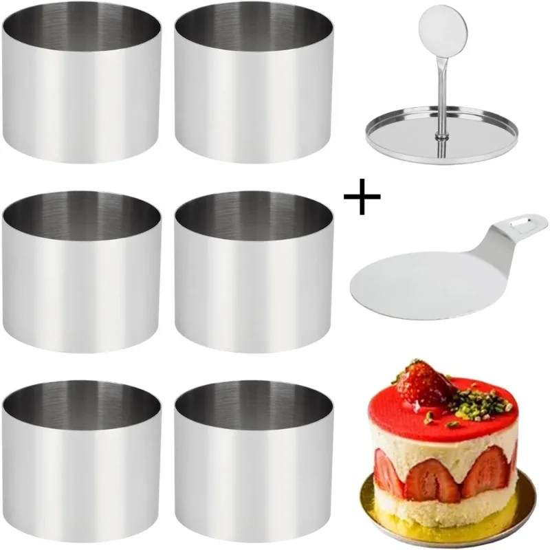 6Pack Cake Ring Molds with 1 Pusher 1 Lifter, 3 Inch Seamless Mini Cheese Cake Cutter Ring Set, Stainless Steel Mini Food Mold for Mousse, Food Plating, Cookies, Baking (Round)