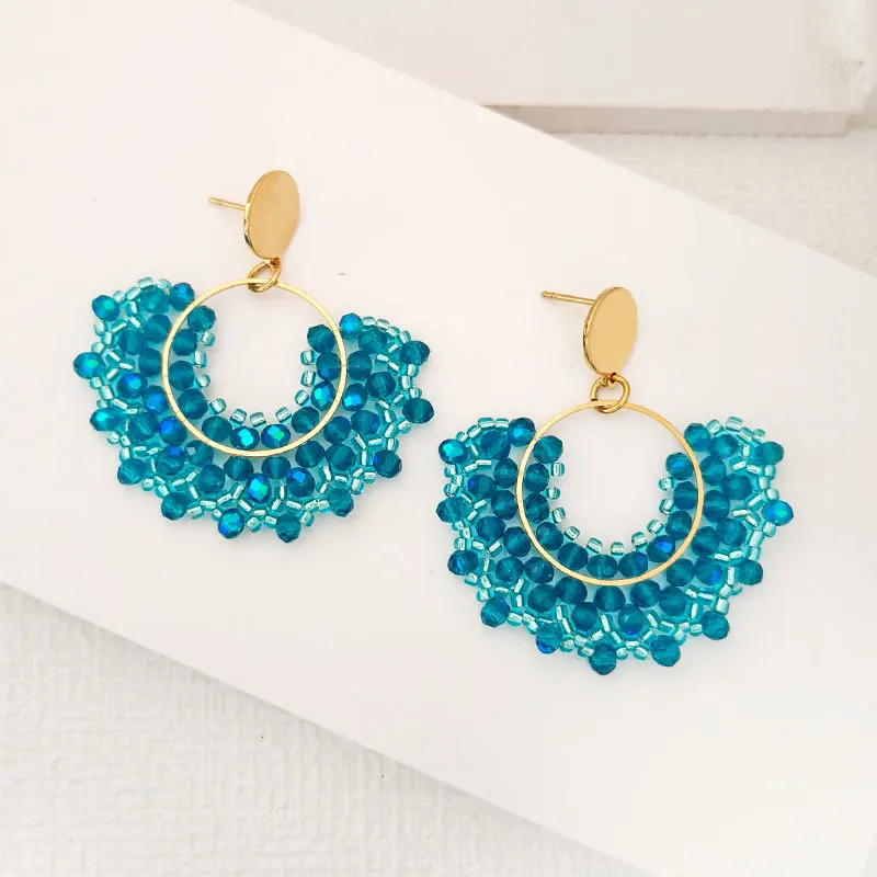 ZGMXR Bohemia Sector Crystal Rice Bead Earrings for Women Simple Hand Textile Fashion Creative Circle Alloy Beaded Jewelry