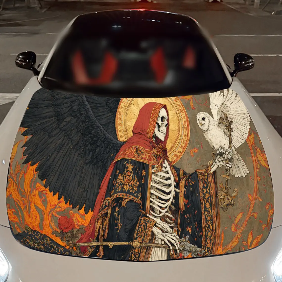 ملصق غطاء محرك السيارة الكلاسيكي ذو الهيكل العظمي الإلهي والبومة، يلتف الفينيل التلقائي، ملصق سيارة ذاتي اللصق مقاوم للماء، متين ونملة #3