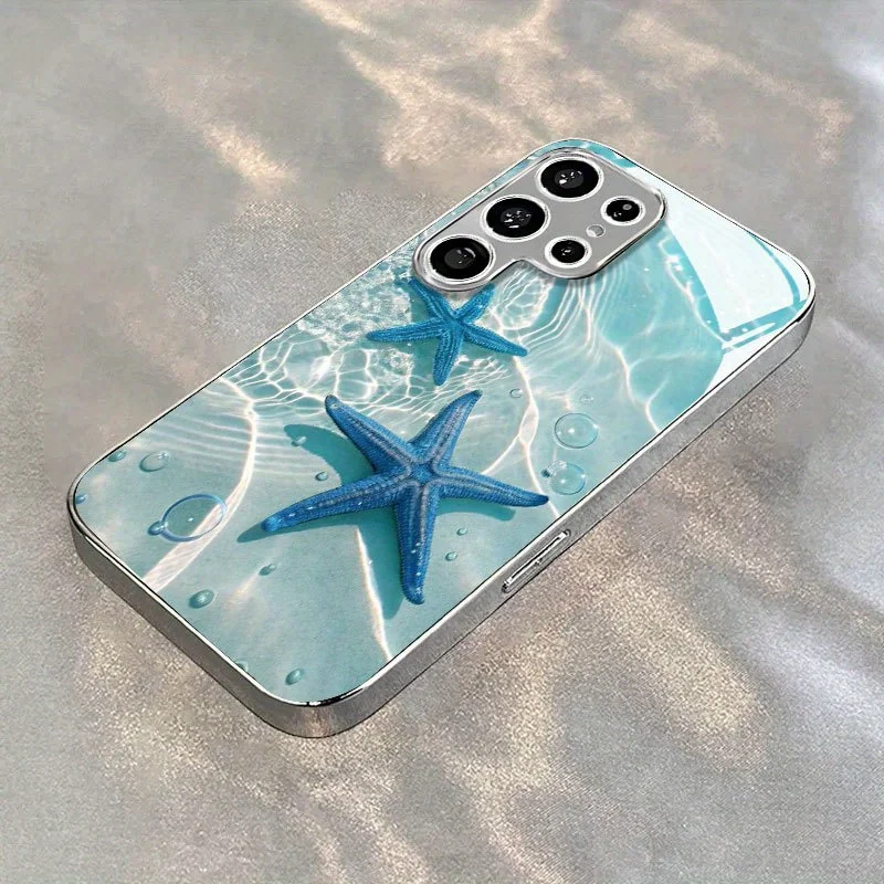 Creative Water Ripple Blue Starfish Electroplated Silver Phone Case for Samsung Galaxy S26/S24/S23/S22/S21/S25/A72/A73 Tempered