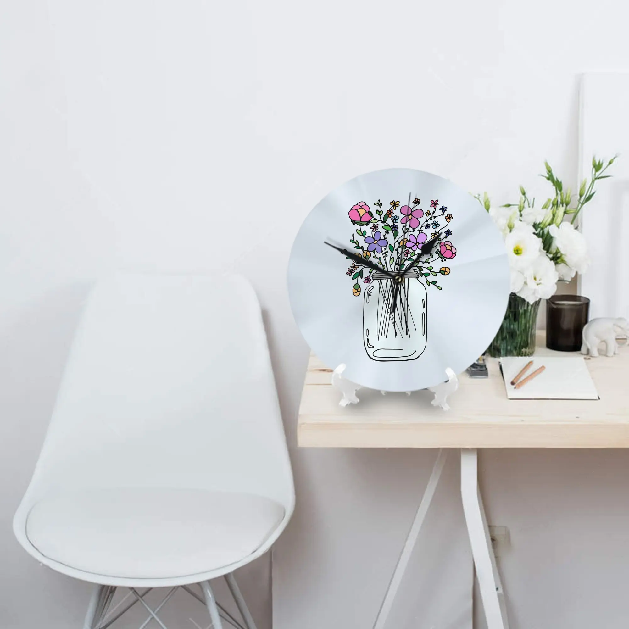 Mason Jar with Flowers Wall Clock Room Decoration Silent Round Clock for Bedroom Living Kitchen Home